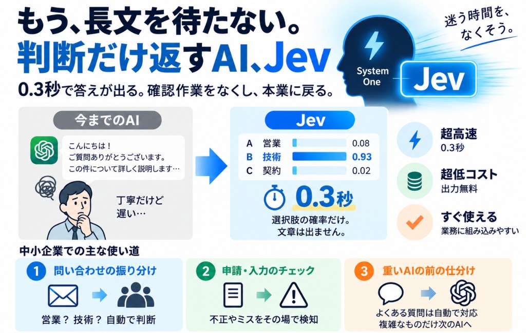 もう長文を待たない。判断だけ返すAI、Jev。問い合わせ振り分け・入力チェック・重いAIの前の仕分け