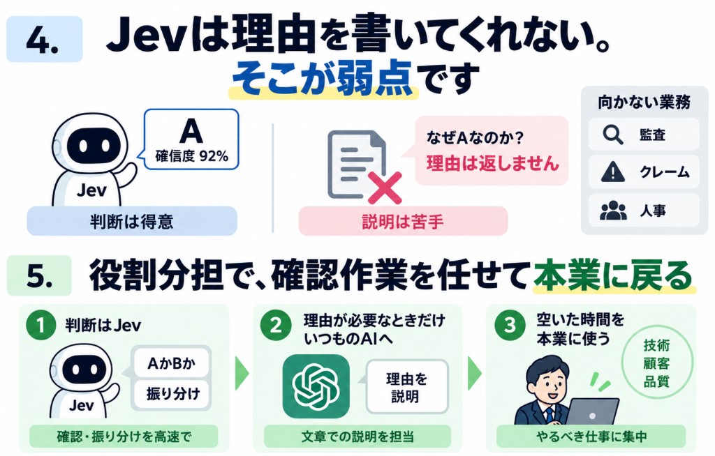 Jevは理由を書かない。判断はJev、理由がいるときだけいつものAIへ、空いた時間を本業に戻す